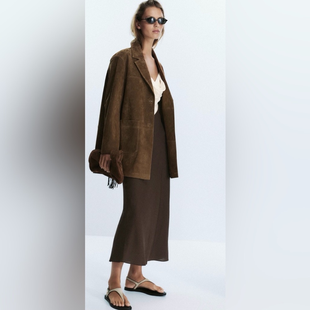 Zara Two-Tone Asymmetrical Slip Dress in Cream and Brown - Picture 4 of 11
